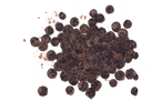 A pile of peppercorns with lighter brown speckled highlights, scattered on a plain white background.