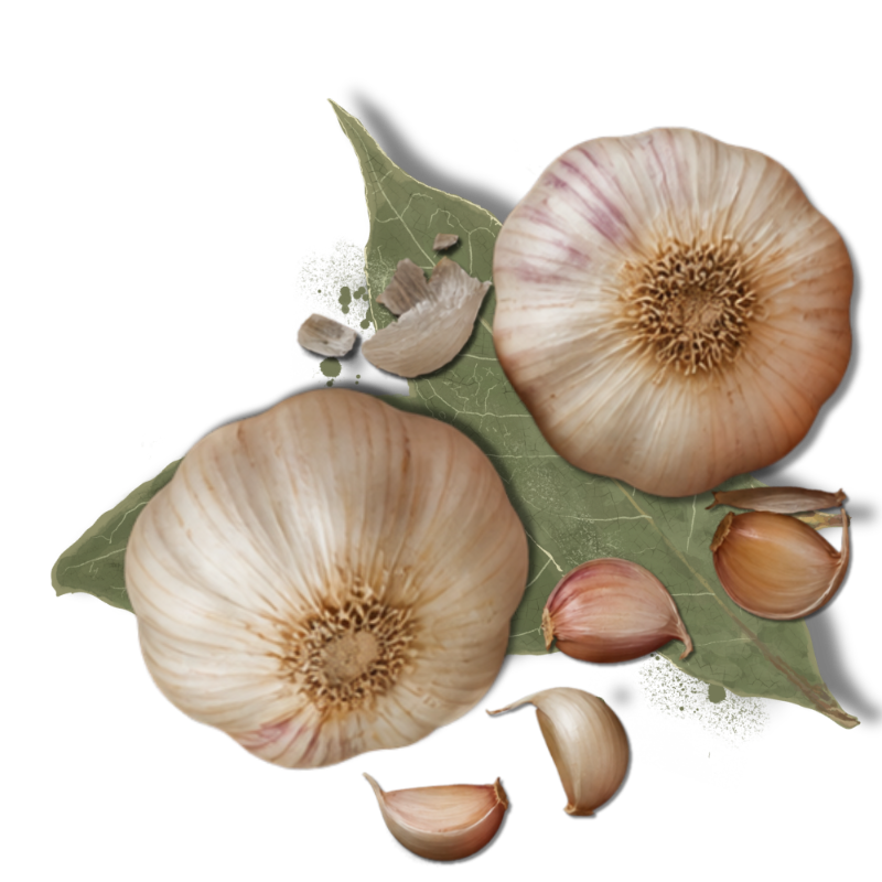 Two whole garlic bulbs with several peeled garlic cloves arranged on green leaves against a solid black background.