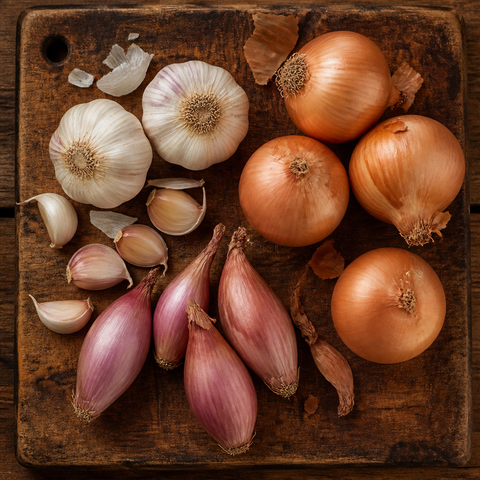 A top-down view of fresh kitchen ingredients including whole and peeled onions, garlic bulbs, and shallots arranged on a rustic dark wooden cutting board.