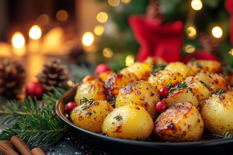 Roasted baby potatoes with crispy browned edges, seasoned with herbs and spices, served on a dark plate with red berries and green sprigs, set against a festive Christmas background with warm lights and pinecones.